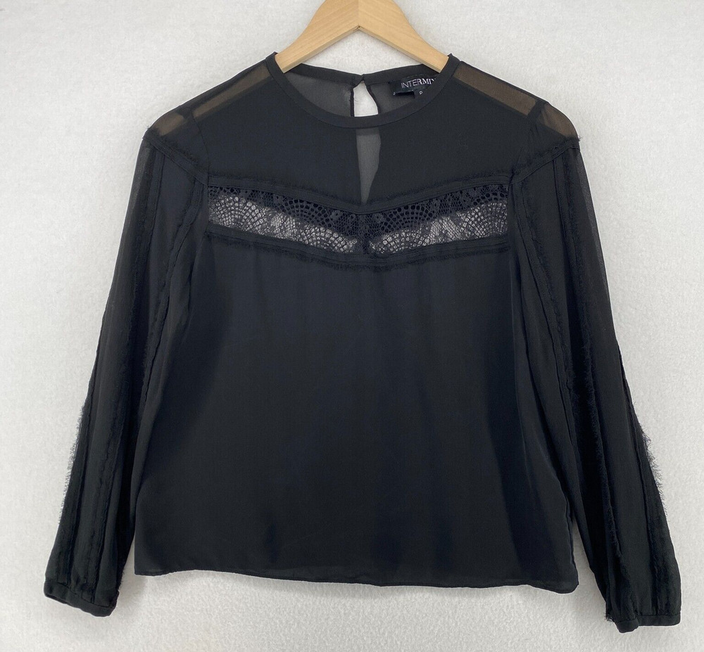 INTERMIX Top Womens P Silk Crepe de Chine Blouse Lace Trim Long Sleeve Black